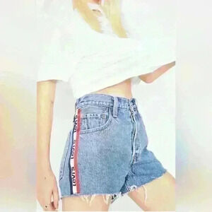 Levi's 501 High Rise Logo Stripe Sport Tape Shorts Jean Denim Shorts size 26